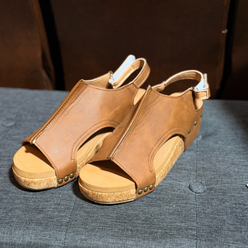 Womens Tan Open-Toe Slingback Cork Wedge Sandals - Picture 4 of 6